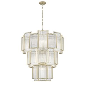 Impex Antigua large 13 light 3 tier Art Deco style chandelier with crystal rods in matt gold on white background