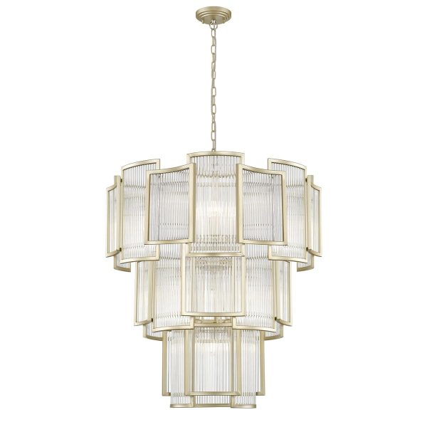 Impex Antigua large 13 light 3 tier Art Deco style chandelier with crystal rods in matt gold on white background