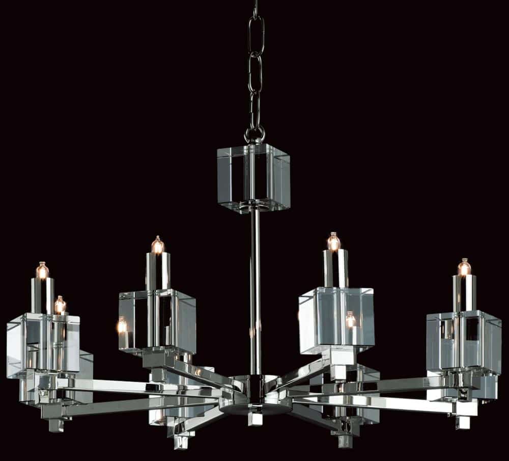 Impex Cube Optical Glass 8 Light Chandelier Polished Nickel
