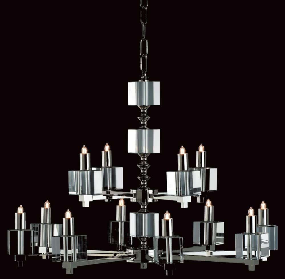 Impex Cube Optical Glass 12 Light Chandelier Polished Nickel