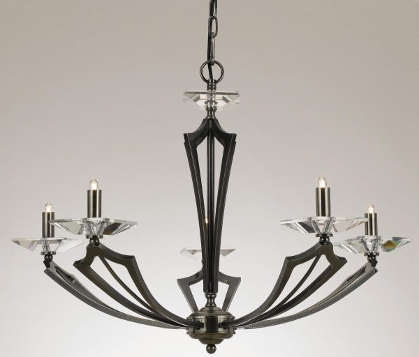 Impex Genoa Art Deco 5 Light Chandelier With Crystal Gunmetal lit on grey background