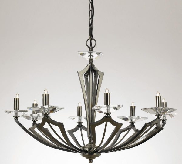 Impex Genoa Art Deco 8 light chandelier with crystal finished in gunmetal shown on a grey background.
