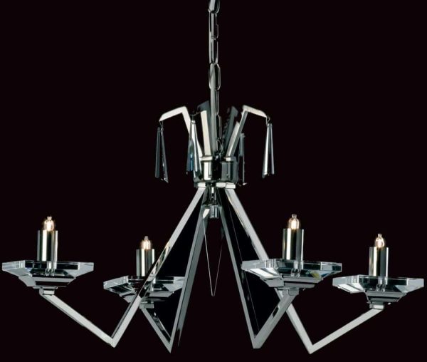 Impex Nice geometric 4 light optic glass chandelier in polished nickel on black background.