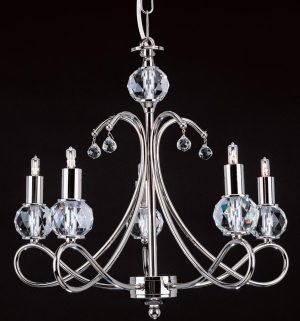 Impex Novara 5 light polished gold chandelier k9 crystal, shown here lit on a black background.