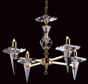Impex Pescara optic glass 4 light Art Deco chandelier finished in polished gold, lit on a black background.