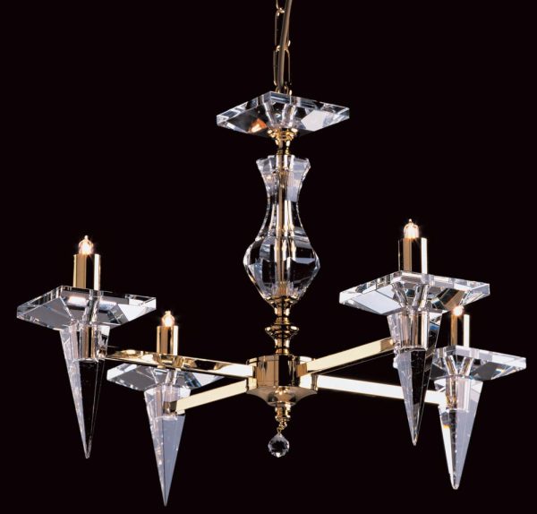 Impex Pescara optic glass 4 light Art Deco chandelier finished in polished gold, lit on a black background.