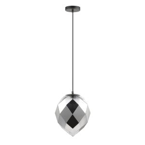 Impex Zoe 1 light faceted chrome glass ceiling pendant in matt black on white background