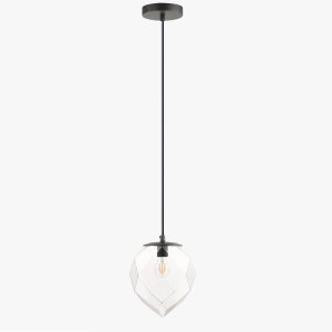 Impex Zoe 1 light faceted clear glass ceiling pendant in matt black on white background