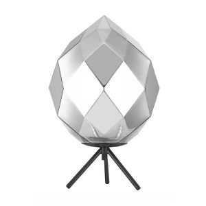 Impex Zoe 1 light faceted chrome glass tripod table lamp in matt black on white background