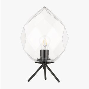 Impex Zoe 1 light faceted clear glass tripod table lamp in matt black on white background