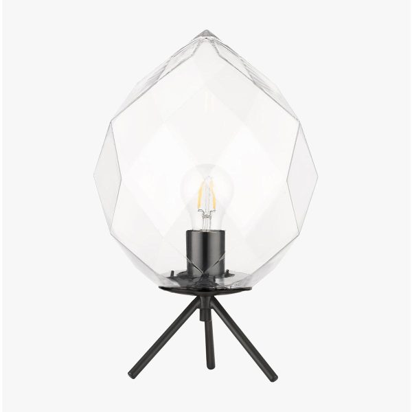 Impex Zoe 1 light faceted clear glass tripod table lamp in matt black on white background