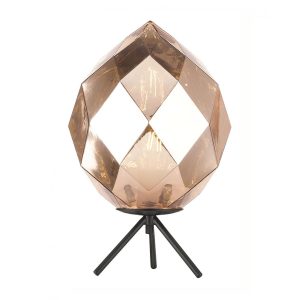 Impex Zoe 1 light faceted gold glass tripod table lamp in matt black on white background