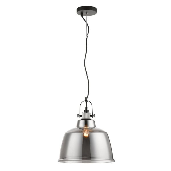 Impex Ava industrial style 1 light smoked glass ceiling pendant in matt black