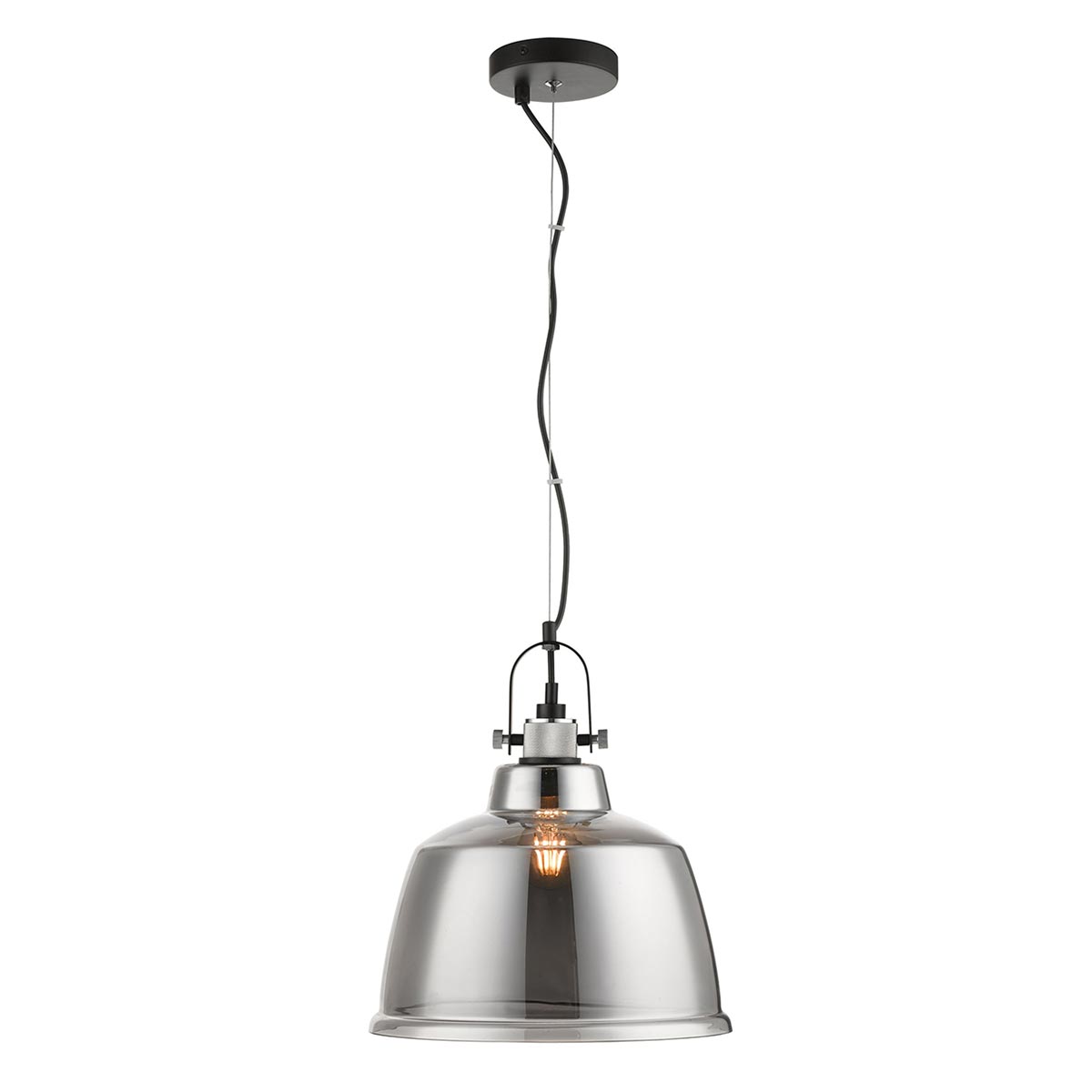 Impex Ava Industrial 1 Light Smoked Glass Ceiling Pendant Matt Black