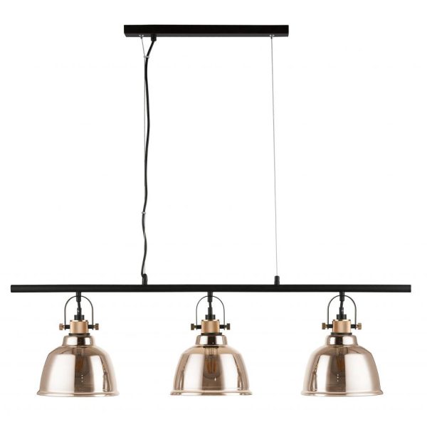 Ava industrial 3 light gold glass ceiling pendant bar in matt black