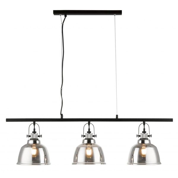 Ava industrial 3 light smoked glass ceiling pendant bar in matt black