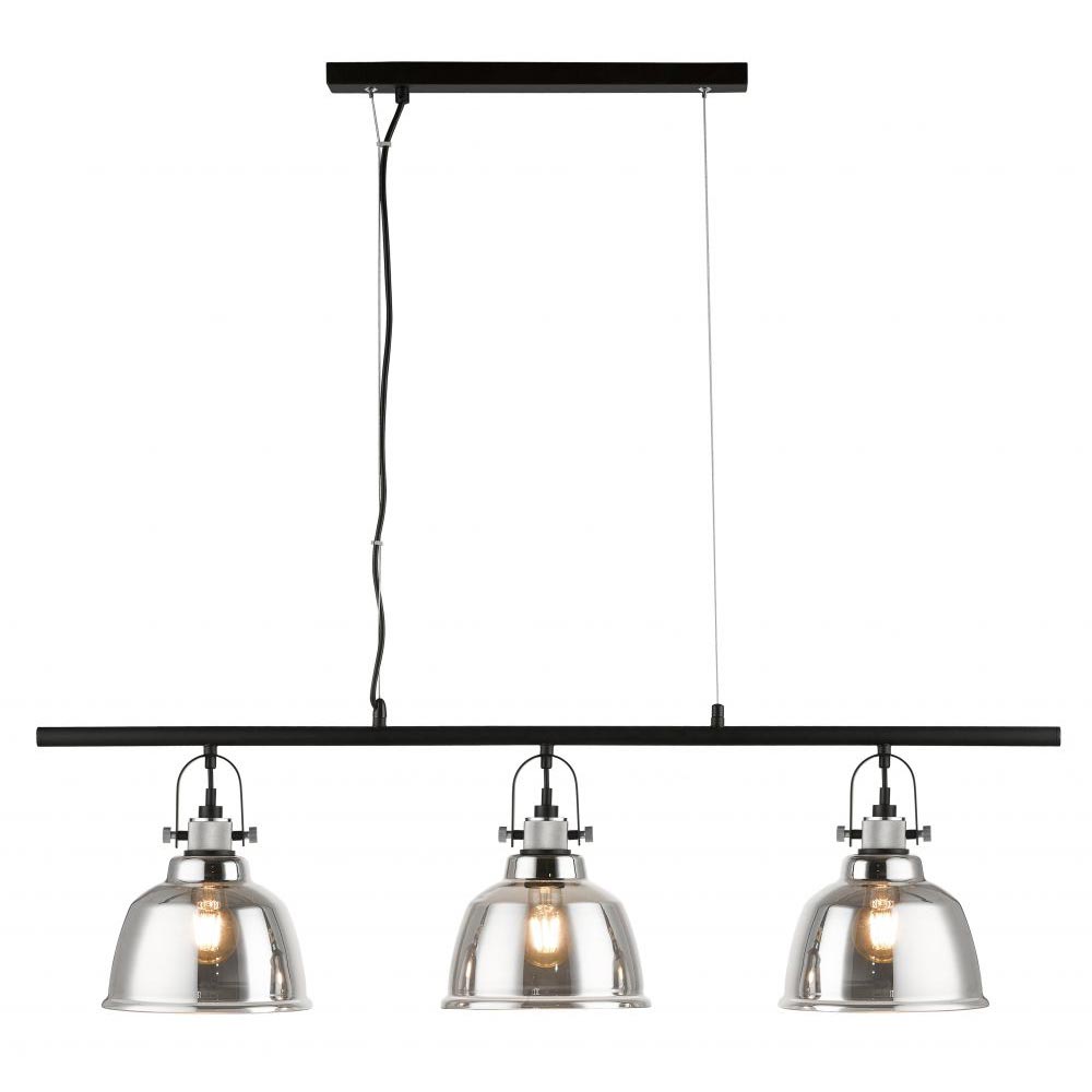 Impex Ava Industrial 3 Light Smoked Glass Ceiling Pendant Bar Matt Black