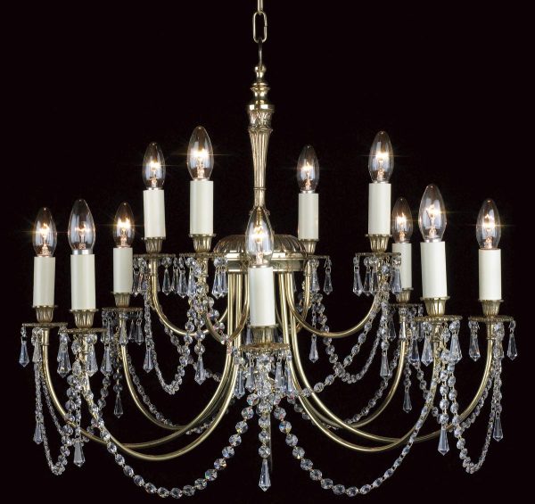 Impex Richmond Solid Polished Brass 12 Light Chandelier Crystal Drops