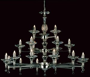 Impex San Marino optical glass 21 light traditional large chandelier shown on a black background.