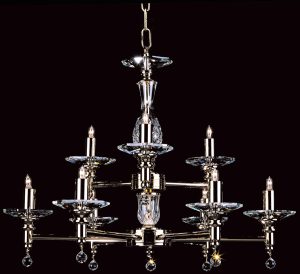 Impex San Marino optical glass 9 light traditional chandelier, shown lit on a black background.