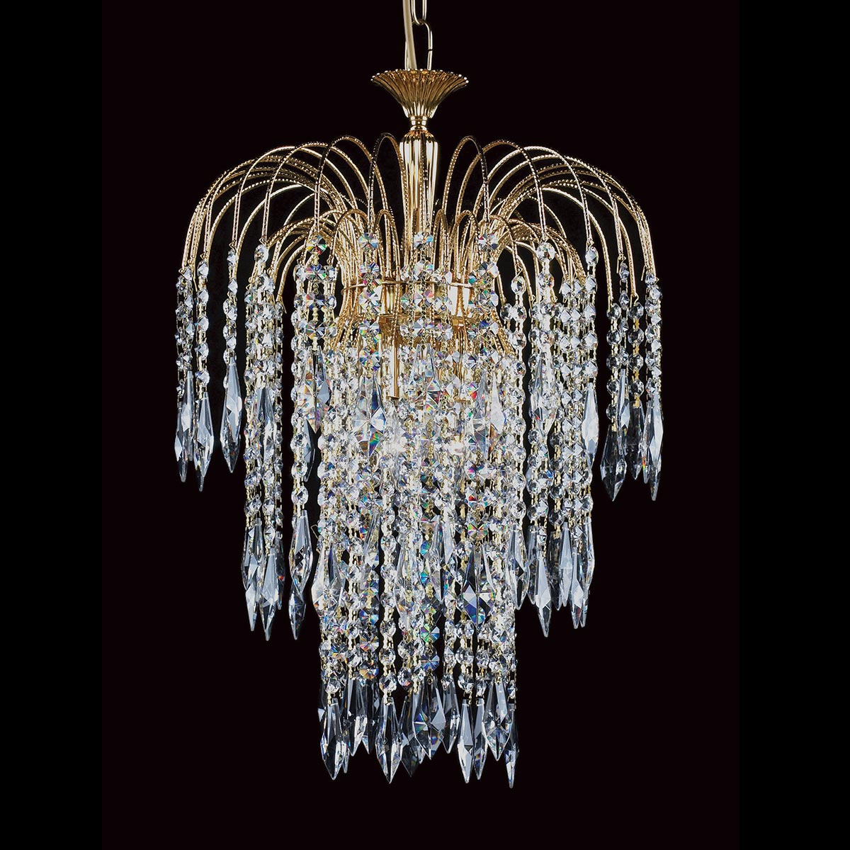 Impex Shower 40cm 3 Light Long Chain Strass Crystal Chandelier Gold