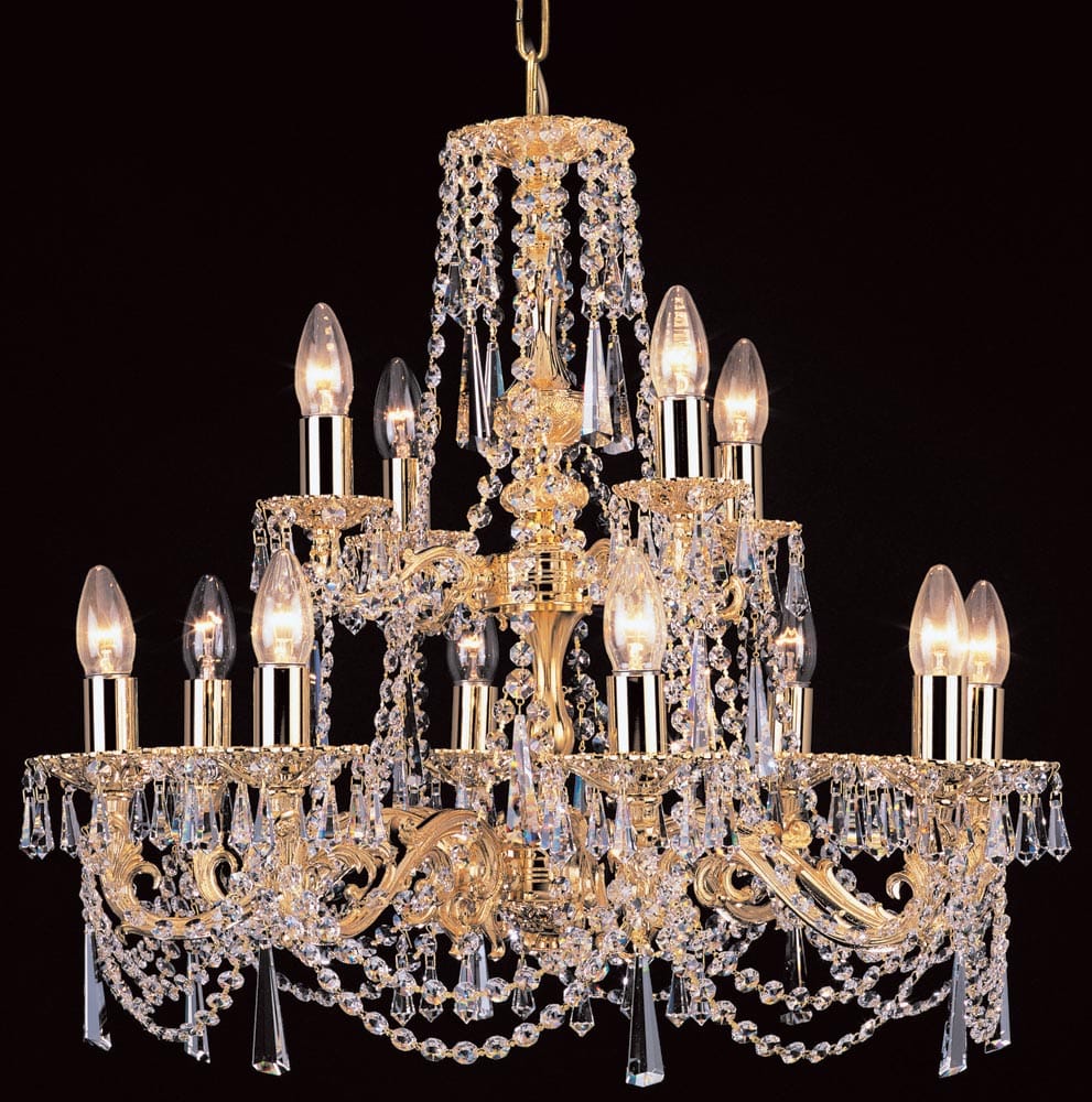 Impex Stuttgart Cast Brass 12 Light Strass Crystal Chandelier Gold Plated