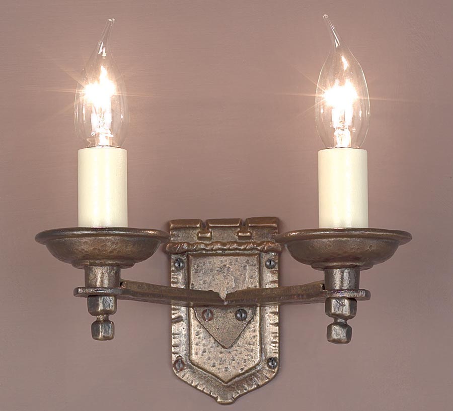 Impex Tudor Bronze Finish Solid Brass 2 Lamp Gothic Shield Wall Light