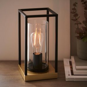 Industrial style clear glass table lamp in satin brass and matt black main image