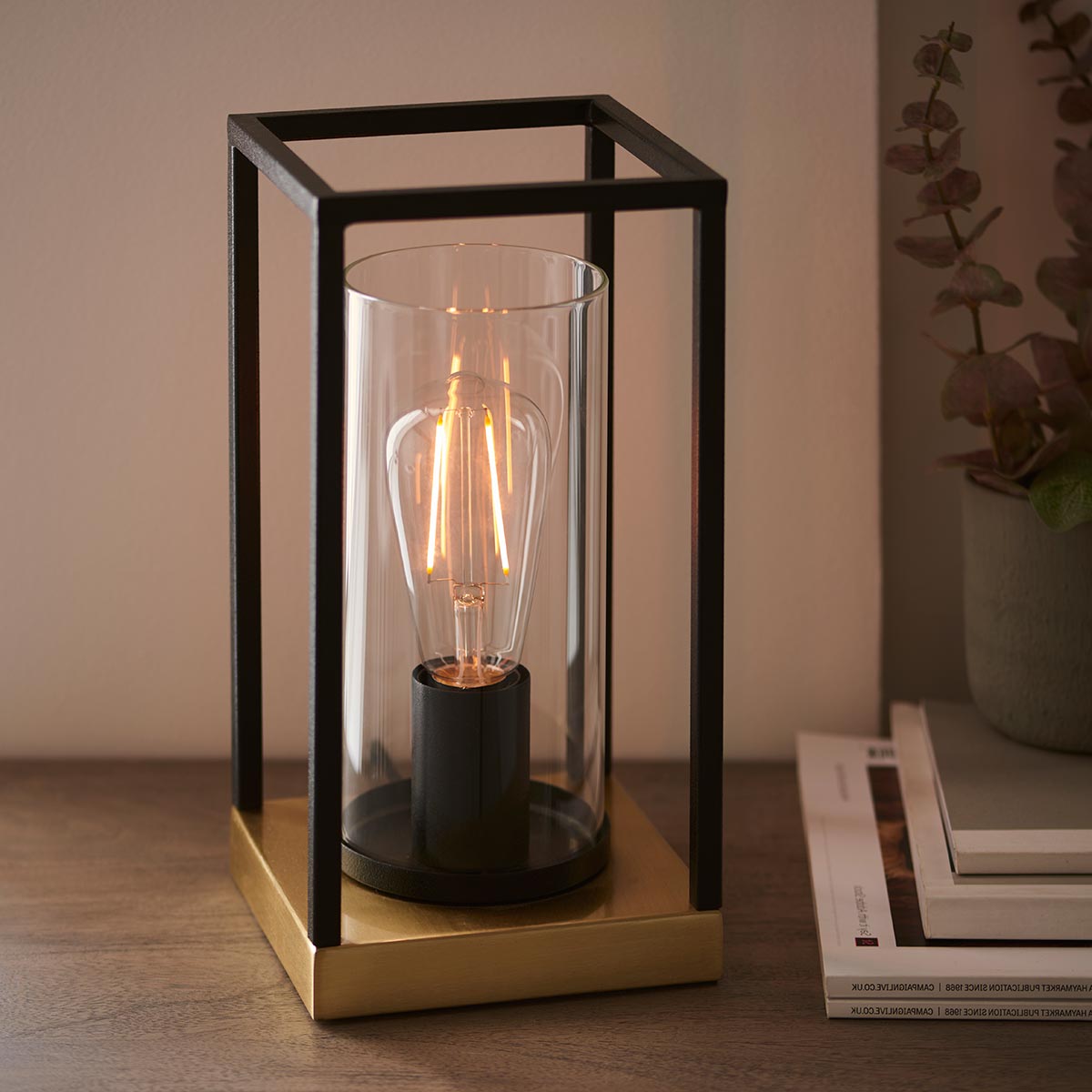 Industrial Style 1 Light Clear Glass Table Lamp Satin Brass Matt Black