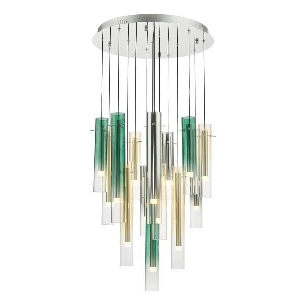 Isadora 14 light LED cluster pendant in polished chrome on white background lit