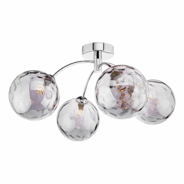 Izzy 4 arm semi flush low ceiling light in chrome with dimpled smoked glass on white background
