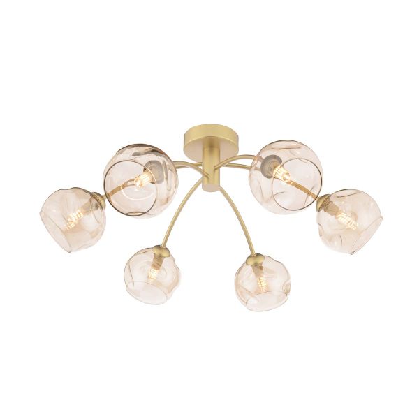 Izzy 6 arm semi flush ceiling light in gold with champagne glass shades on white background lit
