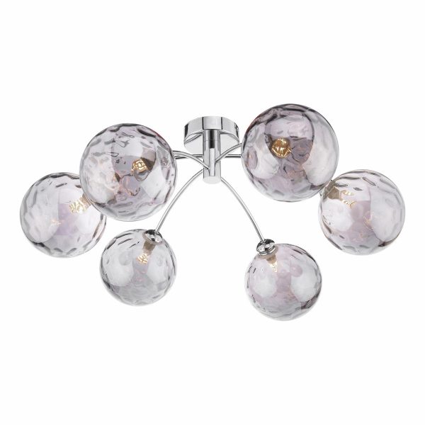 Izzy 6 arm semi flush low ceiling light in chrome with dimpled smoked glass on white background lit