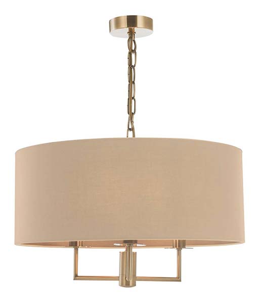 Drum 3 light chandelier with taupe fabric shade on white background