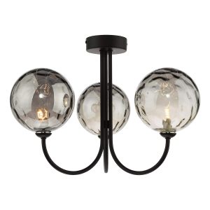 Jared 3 arm semi flush low ceiling light in black with smoked dimpled glass on white background