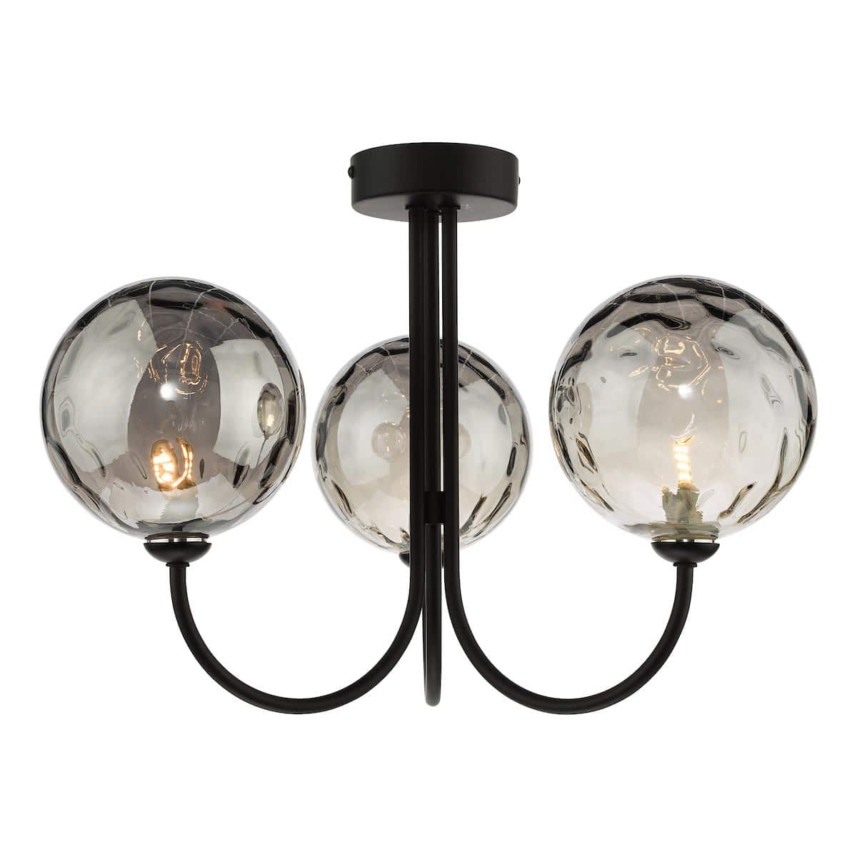 Dar Jared 3 Arm Low Ceiling Light Black Smoked Dimpled Glass