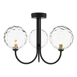 Jared 3 arm semi flush low ceiling light in black with clear dimpled glass on white background