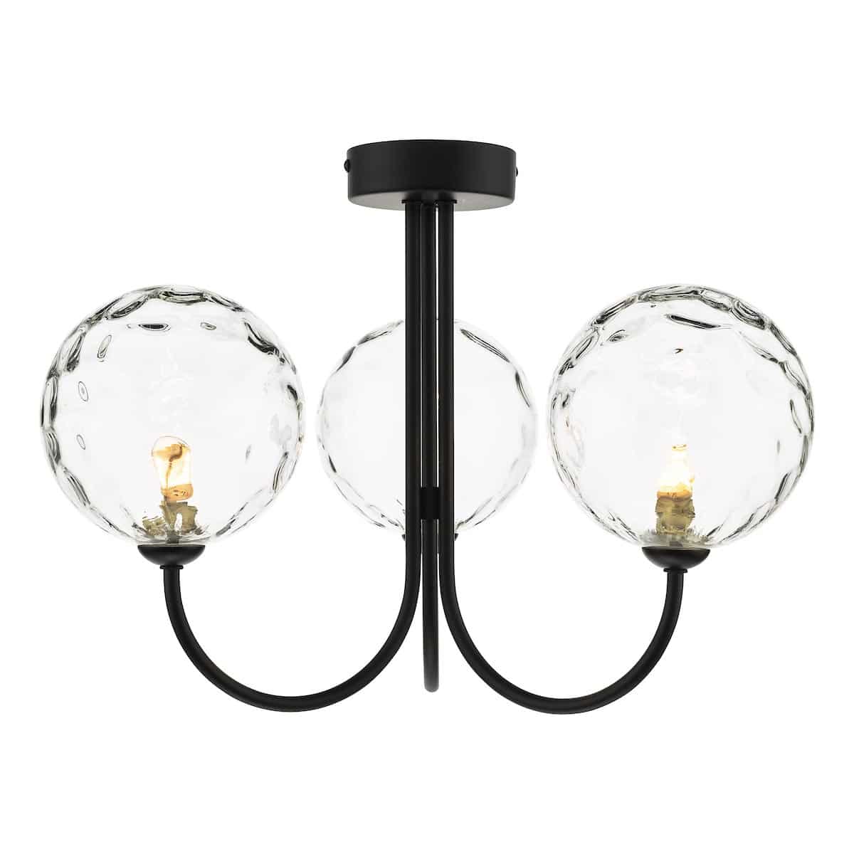 Dar Jared 3 Arm Low Ceiling Light Black Clear Dimpled Glass
