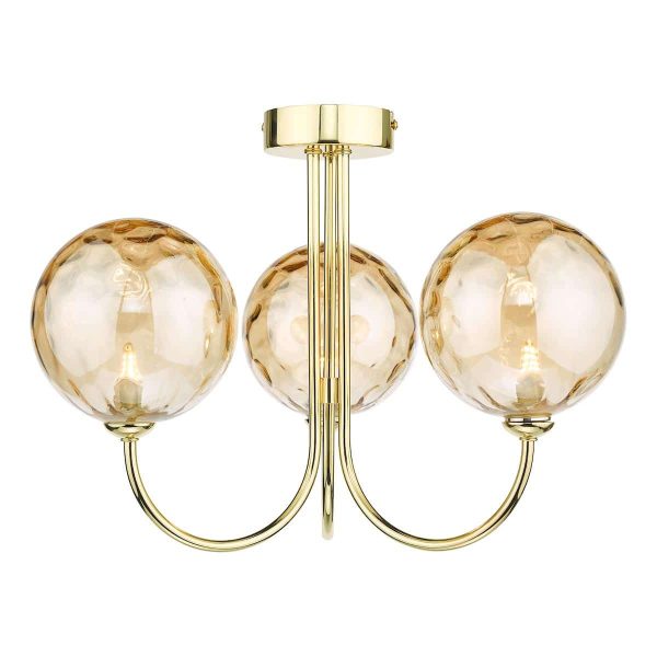 Jared 3 arm semi flush low ceiling light in gold with dimpled champagne glass on white background