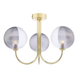 Jared 3 arm semi flush ceiling light in polished gold with clear and smoked ribbed glass shades on white background