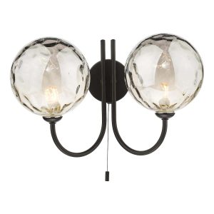 Jared Twin switched wall light in matt black with smoked dimpled glass on white background