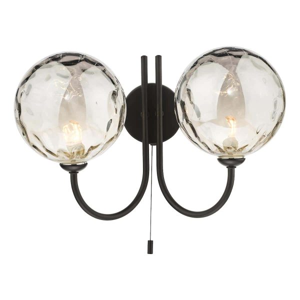 Dar Jared Twin Switched Wall Light Black Smoked Dimpled Glass