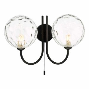 Jared Twin switched wall light in matt black with clear dimpled glass on white background