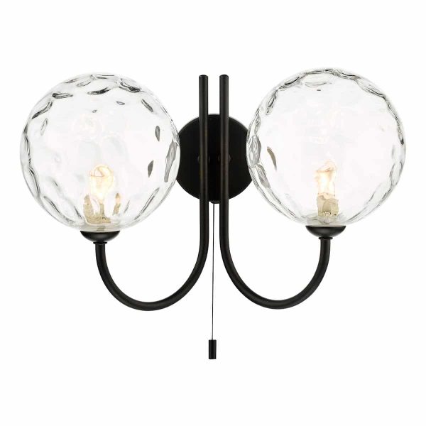 Dar Jared Twin Switched Wall Light Black Clear Dimpled Glass