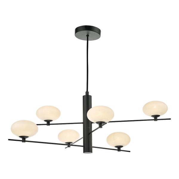 Jasper modern 6 light ceiling pendant in matt black with opal glass shades, full height on white background