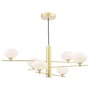 Jasper 6 light modern ceiling pendant in satin gold with opal glass shades, on white background lit