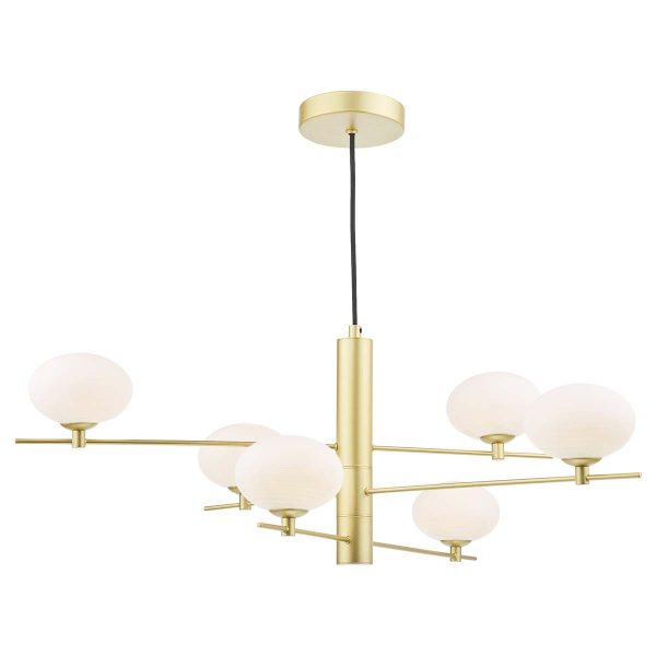 Jasper 6 light modern ceiling pendant in satin gold with opal glass shades, on white background lit