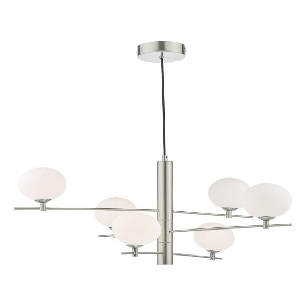 Jasper modern 6 light ceiling pendant in satin nickel, on white background lit