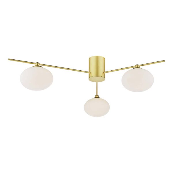 Jasper modern 3 light semi flush ceiling light in satin gold, on white background lit