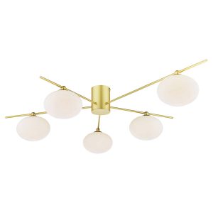 Jasper modern 5 light semi flush ceiling light in satin gold, on white background lit